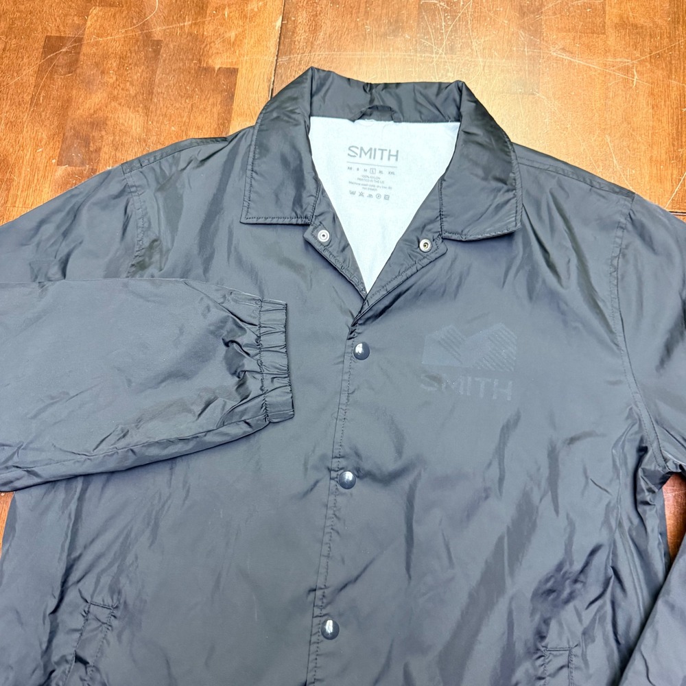 Smith Coaches Jacket Mens Large Black Nylon Snap Front Lightweight Windbreaker